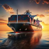 A cargo ship, loaded with containers, sails across calm waters at sunset. The sky is lit with vibrant hues of orange and red, and the sun is partly visible on the horizon.