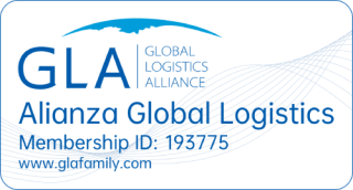 GLA logo. Blue writing stating 'GLA - Global Logistics Alliance - Alianza Global Logistics. Membership ID: 193775. www.glafamily.com'. Writing on white background. 