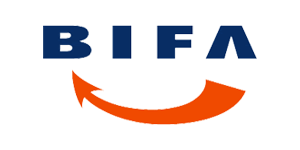 BIFA logo. Navy blue writing stating 'BIFA' orange arrow below text pointing left. 