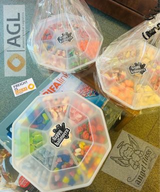 three sweet platters on glass table. AGL logo and angel floss logo watermarked onto image. 